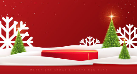 Holiday Christmas showcase red background with 3d podium and Christmas tree. Abstract minimal scene. Vector illustrationのイラスト素材