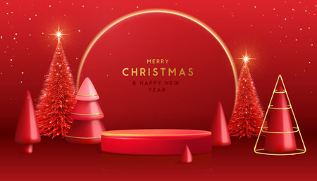 Holiday Christmas showcase red background with 3d podiums, Christmas tree and neon arch. Abstract minimal scene. Vector illustrationのイラスト素材