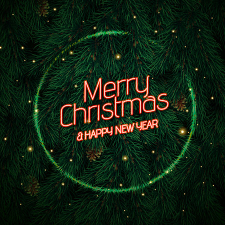 Merry Christmas and Happy New Year neon sign on Christmas tree background with neon lights and pine cones. Vector illustrationのイラスト素材
