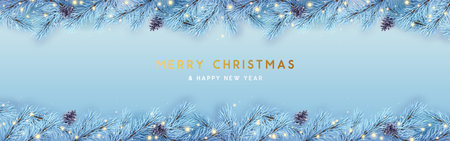 Christmas holiday white background with christmas tree branches, pine cones and neon lights. Greeting card or banne design. Vector illustrationのイラスト素材
