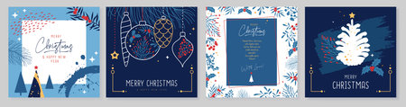Set of Christmas holiday greeting cards or covers with christmas floral desoration. Vector illustrationのイラスト素材