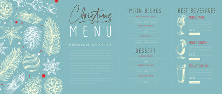 Restaurant Christmas holiday menu design with christmas floral desoration. Vector illustrationのイラスト素材