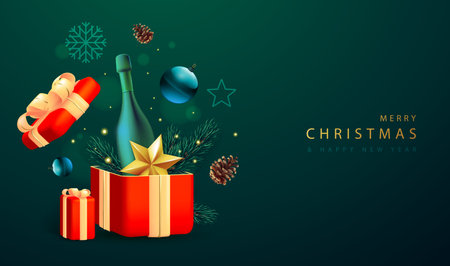 Merry Christmas holiday poster with 3D champagne bottle, Christmas tree branch, pine cone, star and gift box.  Vector illustrationのイラスト素材