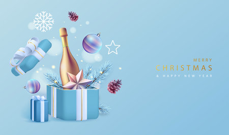 Merry Christmas holiday poster with 3D champagne bottle, Christmas tree branch, pine cone, star and gift box. Vector illustrationのイラスト素材
