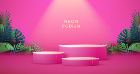 Pink showcase background with 3d podium and tropic leaves. Summer nature concept. Vector illustrationのイラスト素材