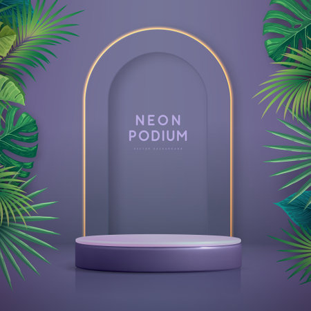 Showcase background with 3d podium and green tropic leaves. Summer nature concept. Vector illustrationのイラスト素材
