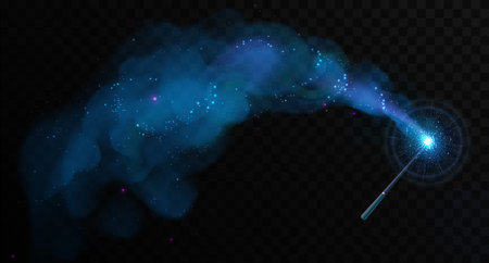 Magic wand with blue glowing shiny trail isolated on black transparent background. Vector illustrationのイラスト素材