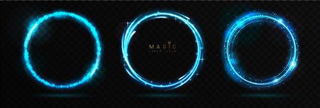 Set of Magic blue glowing shiny trails or circles isolated on black transparent background. Vector illustrationのイラスト素材