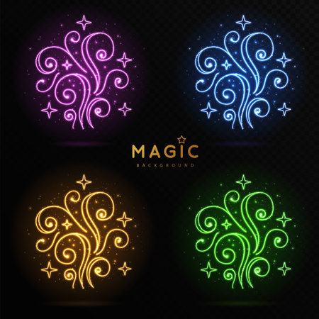 Set of colorful magic neon glowing spirals isolated on black transparent background. Vector illustrationのイラスト素材