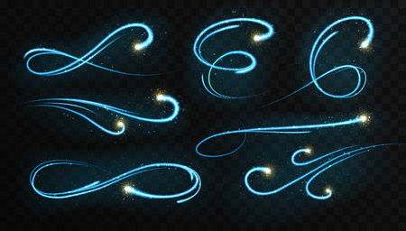 Set of Magic blue glowing shiny trail isolated on black transparent background. Vector illustrationのイラスト素材