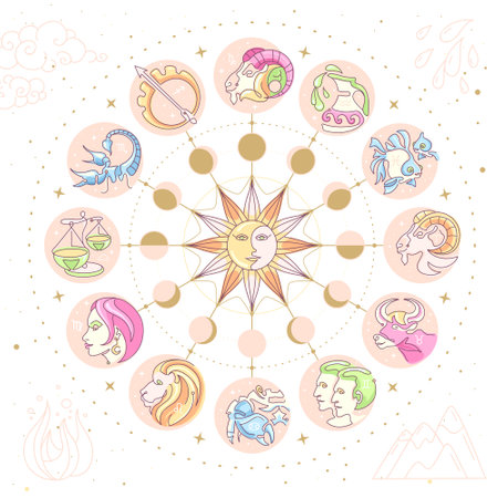 Astrology wheel with cartoon zodiac signs on outer space background. The Four elements.  Star map. Horoscope vector illustrationのイラスト素材