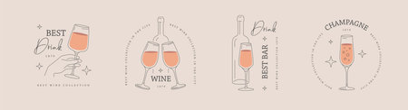 Set of modern line art label or emblem design with wine glass and bottle. Vector illustrationのイラスト素材