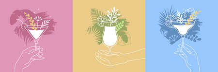 Set of cocktails in different types of glasses with floral elements and human hand silhouette. Vector illustrationのイラスト素材