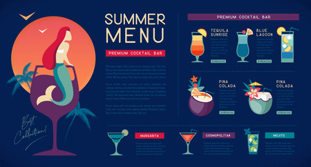 Retro summer restaurant cocktail menu design with mermaid in cocktail glass. Vector illustrationのイラスト素材
