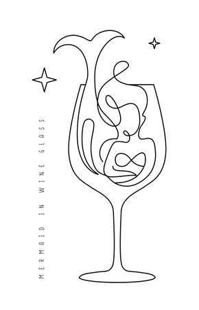 Continuous line vector illustration of mermaid in wine glassのイラスト素材