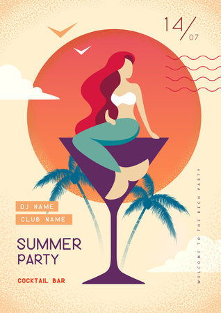 Retro summer disco party posters with mermaid in cocktail glass. Summertime backgrounds. Vector illustrationのイラスト素材