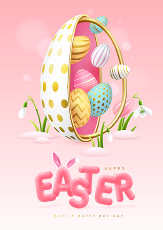 Happy Easter typography background with colorful easter eggs, open egg and 3D text. Greeting card or poster. Vector illustrationのイラスト素材