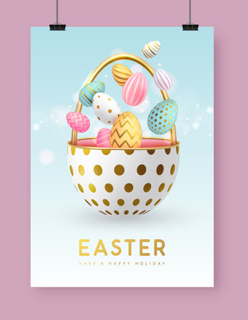 Happy Easter typography background with colorful easter eggs and open egg like basket. Greeting card or poster. Vector illustrationのイラスト素材