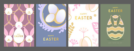 Set of holiday flat Easter posters with rabbit ears, Easter eggs, willow branch and floral elements. Vector illustrationのイラスト素材
