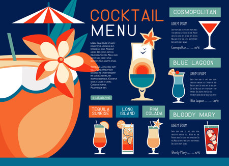 Retro summer restaurant cocktail menu design. Vector illustrationのイラスト素材