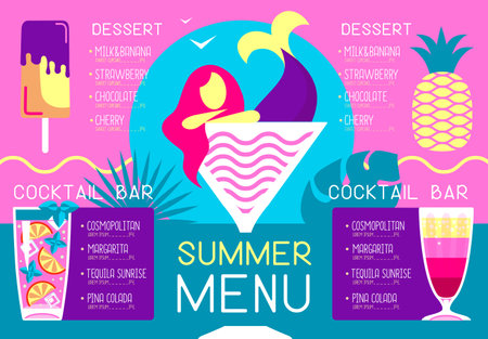 Retro summer restaurant menu design with cocktails, pineapple, ice cream and mermaid. Vector illustrationのイラスト素材