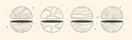 Set of Modern magic witchcraft cards with geometric spheres or planets. Line art occult vector illustrationのイラスト素材