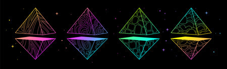Set of Modern magic witchcraft cards with fluorescent geometric pyramids or crystals. Line art occult vector illustrationのイラスト素材