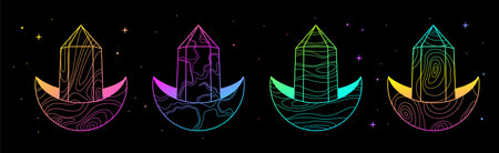 Set of Modern magic witchcraft cards with fluorescent geometric crescent and crystal. Line art occult vector illustrationのイラスト素材
