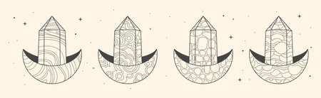 Set of Modern magic witchcraft cards with geometric crescent and crystal. Line art occult vector illustrationのイラスト素材