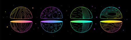 Set of Modern magic witchcraft cards with fluorescent geometric spheres or planets. Line art occult vector illustrationのイラスト素材