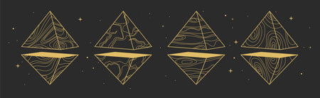 Set of Modern magic witchcraft cards with geometric pyramids or crystals. Line art occult vector illustrationのイラスト素材