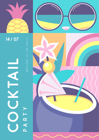 Retro flat summer disco party poster with summer attributes. Pina colada cocktail , tropic fruits and sunglasses. Vector illustrationのイラスト素材