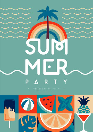 Retro flat summer disco party poster with summer attributes. Vector illustrationのイラスト素材
