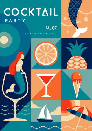 Retro flat summer disco party poster with summer attributes. Cocktail , tropic fruits, mermaids, ice cream and ship. Vector illustrationのイラスト素材