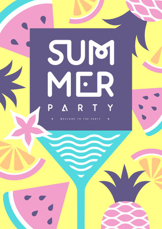 Retro flat summer disco party poster with cocktail and tropic fruits. Vector illustrationのイラスト素材