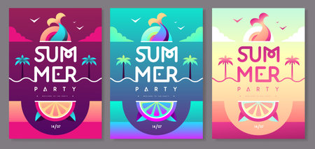 Set of Fluorescent flat summer disco party posters with mermaid tail. Vector illustrationのイラスト素材