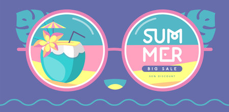 Retro flat summer big sale poster with round sunglasses silhouette and pina colada cocktail. Vector illustrationのイラスト素材