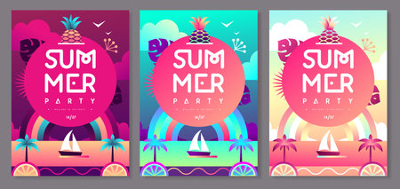 Set of Fluorescent flat summer disco party posters with pineapple, rainbow and tropic landscape. Vector illustrationのイラスト素材