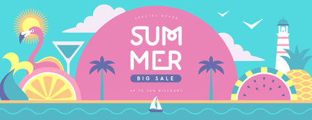 Retro flat summer big sale poster with flamingo, tropic fruits and mermaid tail. Vector illustrationのイラスト素材