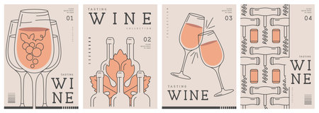 Set of modern line art magazine covers or posters with wine bottles and glasses. Restaurant menu design. Vector illustrationのイラスト素材