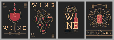 Set of modern line art magazine covers or posters with wine bottles and glasses. Restaurant menu design. Vector illustrationのイラスト素材