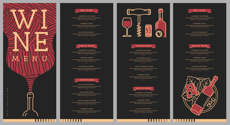 Restaurant wine menu design with bottle, glass, corkscrew and cork. Line art modern vector illustrationのイラスト素材