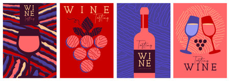 Set of modern magazine covers or posters with wine bottles and glasses. Restaurant abstract flat menu design. Wine tasting. Vector illustrationのイラスト素材