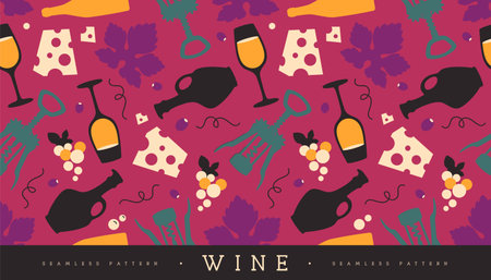 Seamless pattern with wine glasses, wine bottles, cheese, corkscrew and grapes. Vector illustrationのイラスト素材