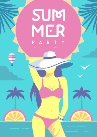 Retro flat summer disco party poster with girl in swimsuit on beach background. Vector illustrationのイラスト素材