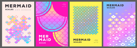 Set of summer disco posters or covers with holographic mermaid scale abstract texture. Vector illustrationのイラスト素材