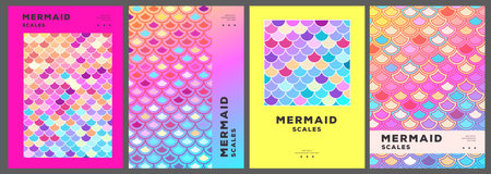 Set of summer disco posters or covers with holographic mermaid scale abstract texture. Vector illustrationのイラスト素材