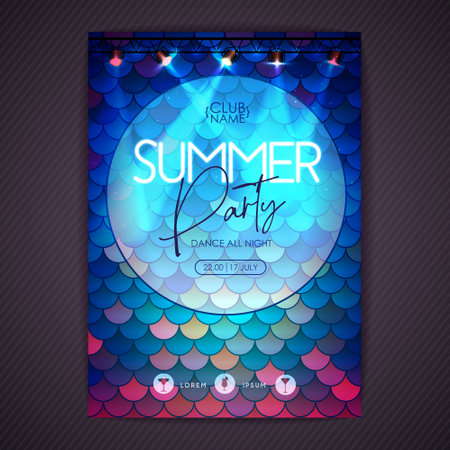 Summer disco party poster with mermaid scales abstract background texture. Vector illustrationのイラスト素材