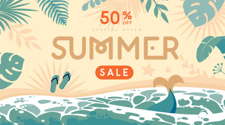 Vintage top view summer big sale banner or poster with ocean waves, sand beach, tropic leaves and mermaid tail. Vector illustrationのイラスト素材