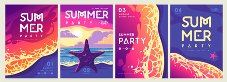 Set of retro summer party posters with ocean waves, beach and starfish. Vector illustrationのイラスト素材